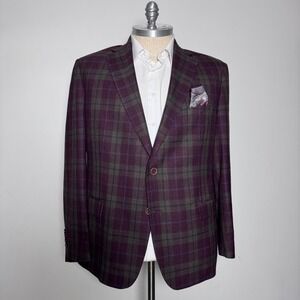 Tallia Blazer Mens 50R Purple Plaid Wool Blend Two Button Notch Lapel Jacket